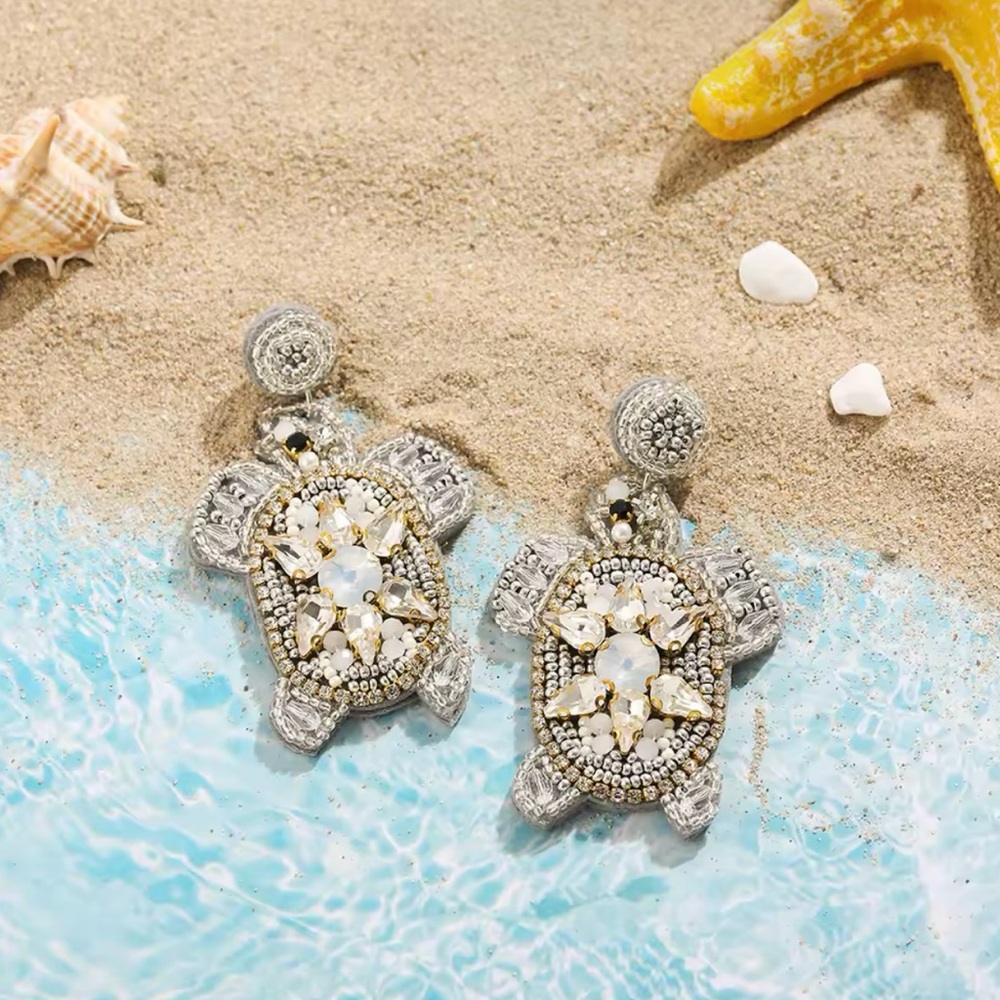 Sparkling Silver Turtle Dangle Earrings with Crystals
